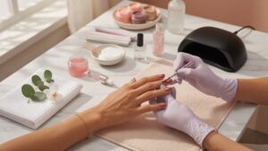 Professional manicure and nail prep at a modern salon before vacation travel